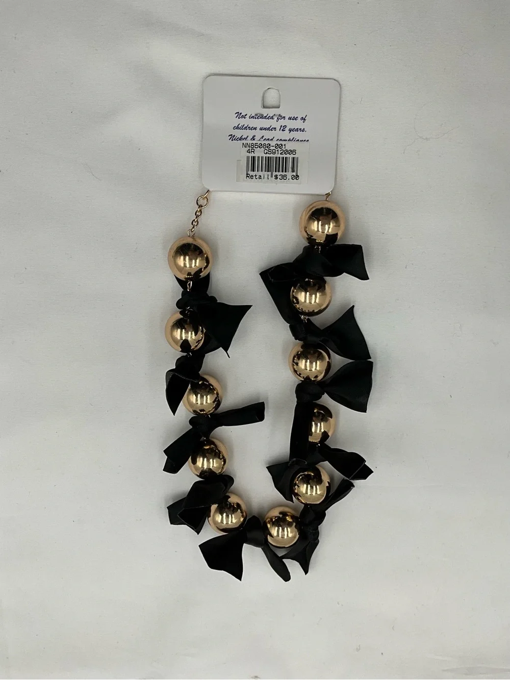 Garden Party Necklace Gold Tone Bead with Black Ribbon Accents NWT